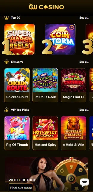 GW Casino game lobby on mobile