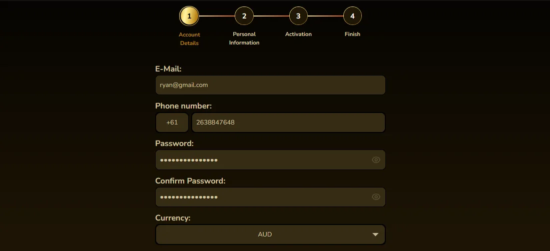 GW Casino sign-up, step 1 of 4